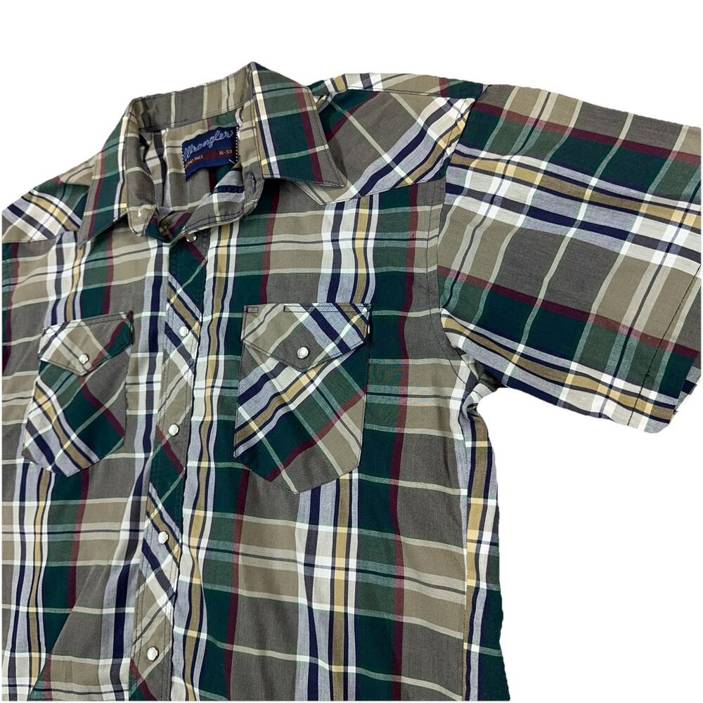 Wrangler Western Shirt Mens 16-33 Long Tails Plaid Pearl Snap Short Sleeve USA